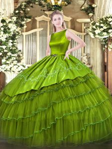 Graceful Olive Green Ball Gowns Embroidery and Ruffled Layers Sweet 16 Dress Lace Up Satin and Organza Sleeveless Floor Length