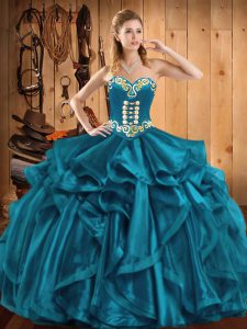 Dazzling Teal Lace Up Sweetheart Embroidery and Ruffles Sweet 16 Dresses Organza Sleeveless