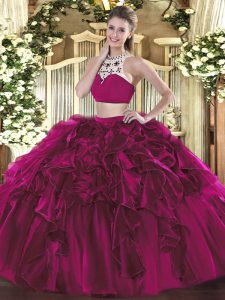 Flare Fuchsia Sleeveless Beading and Ruffles Floor Length 15 Quinceanera Dress