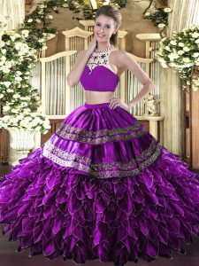 Eggplant Purple Backless Ball Gown Prom Dress Beading and Ruffles Sleeveless Floor Length