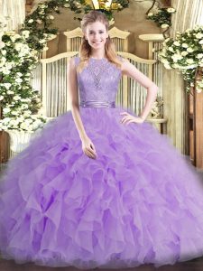 Sleeveless Tulle Floor Length Backless Sweet 16 Quinceanera Dress in Lavender with Beading and Ruffles