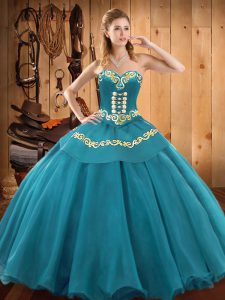 Chic Sleeveless Tulle Floor Length Lace Up Quinceanera Gown in Teal with Embroidery