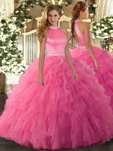 Halter Top Sleeveless Quinceanera Dresses Floor Length Beading and Ruffles Hot Pink Organza