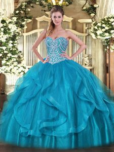 Charming Floor Length Baby Blue Quinceanera Gown Organza Sleeveless Beading and Ruffles