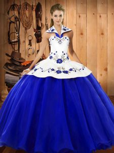 Decent Ball Gowns Vestidos de Quinceanera Blue And White Halter Top Satin and Tulle Sleeveless Floor Length Lace Up