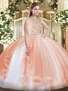 Free and Easy Floor Length Peach Quinceanera Gown Tulle Sleeveless Beading and Ruffles