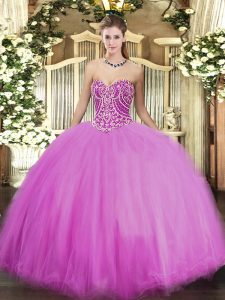 Inexpensive Lilac Tulle Lace Up Sweetheart Sleeveless Floor Length Quince Ball Gowns Beading