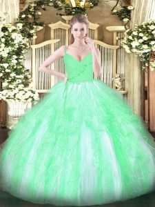 Floor Length Apple Green Vestidos de Quinceanera Organza Sleeveless Ruffles
