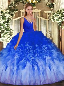 Best Selling Multi-color Ball Gowns V-neck Sleeveless Tulle Floor Length Backless Beading and Ruffles Quinceanera Dress
