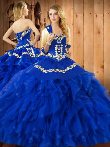 Floor Length Lace Up Ball Gown Prom Dress Blue for Military Ball and Sweet 16 and Quinceanera with Embroidery and Ruffles