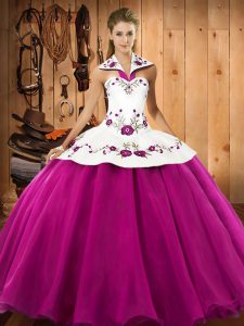 Fuchsia Ball Gowns Embroidery Quince Ball Gowns Lace Up Satin and Tulle Sleeveless Floor Length