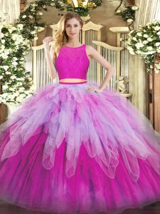 Organza Scoop Sleeveless Zipper Lace and Ruffles Quinceanera Gown in Fuchsia