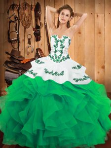 Floor Length Green Quinceanera Dresses Satin and Organza Sleeveless Embroidery and Ruffles