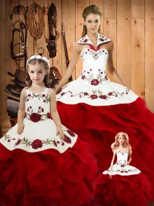 Fine Sleeveless Satin and Organza Floor Length Lace Up Quinceanera Dresses in Wine Red with Embroidery and Ruffles