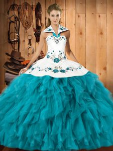 Colorful Teal Lace Up Halter Top Embroidery and Ruffles Ball Gown Prom Dress Satin and Organza Sleeveless