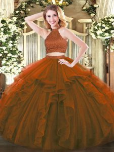 Amazing Floor Length Two Pieces Sleeveless Brown Quinceanera Gowns Backless