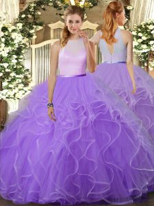 High-neck Sleeveless 15th Birthday Dress Floor Length Beading and Ruffles Lavender Tulle