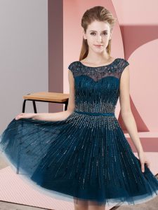 Navy Blue Backless Scoop Beading Prom Party Dress Tulle Sleeveless