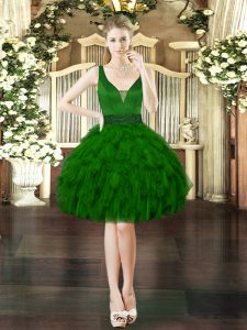Luxury Dark Green Organza Lace Up V-neck Sleeveless Mini Length Prom Evening Gown Beading and Ruffles