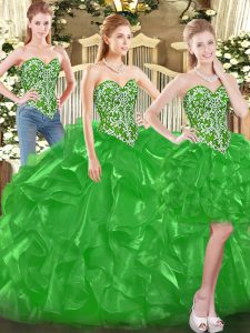 Unique Green Ball Gowns Sweetheart Sleeveless Tulle Floor Length Lace Up Beading and Ruffles Quinceanera Gown