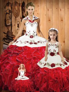Excellent Red Tulle Lace Up Halter Top Sleeveless Floor Length Sweet 16 Quinceanera Dress Embroidery and Ruffles