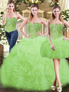 Sleeveless Floor Length Beading and Ruffles Lace Up Quinceanera Gowns with Yellow Green