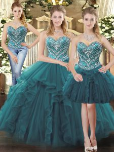 Attractive Teal Ball Gowns Tulle Sweetheart Sleeveless Beading and Ruffles Floor Length Lace Up Quinceanera Gown