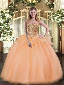 On Sale Floor Length Ball Gowns Sleeveless Peach Quinceanera Dress Lace Up