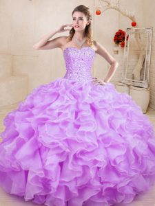 Lilac Quinceanera Gowns Sweet 16 and Quinceanera with Beading and Ruffles Sweetheart Sleeveless Lace Up