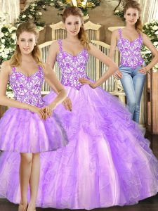 Pretty Lilac Straps Neckline Beading and Ruffles Vestidos de Quinceanera Sleeveless Lace Up