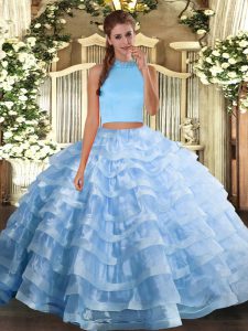 Light Blue Two Pieces Beading and Ruffled Layers 15th Birthday Dress Backless Organza Sleeveless Floor Length