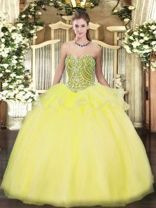 Fashion Yellow Ball Gowns Tulle Sweetheart Sleeveless Beading and Ruffles Floor Length Lace Up Vestidos de Quinceanera