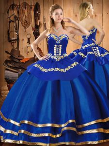 On Sale Blue Sweetheart Neckline Embroidery Quinceanera Gowns Sleeveless Lace Up