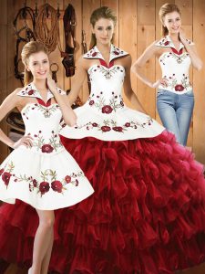 Eye-catching Floor Length Wine Red Quinceanera Dresses Organza Sleeveless Embroidery and Ruffled Layers