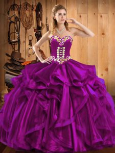 Ideal Fuchsia Sleeveless Floor Length Embroidery and Ruffles Lace Up 15 Quinceanera Dress