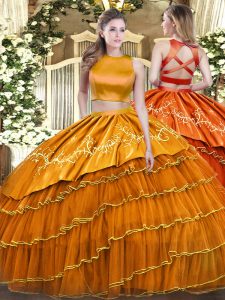 Floor Length Two Pieces Sleeveless Orange Quinceanera Gown Criss Cross