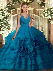 High Quality Sleeveless Fabric With Rolling Flowers Floor Length Backless Vestidos de Quinceanera in Blue with Ruffles