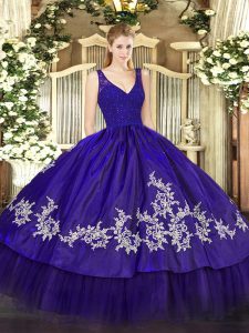 Lovely V-neck Sleeveless Taffeta Quince Ball Gowns Beading and Lace and Appliques Backless