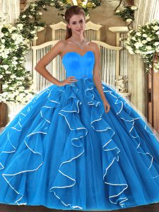 Sweetheart Sleeveless 15 Quinceanera Dress Floor Length Beading and Ruffles Aqua Blue Organza