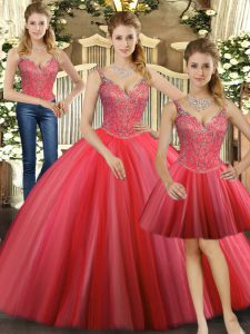 Custom Designed Straps Sleeveless Lace Up Quinceanera Dress Coral Red Tulle