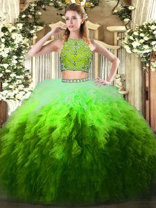 Fashionable Multi-color Sweet 16 Quinceanera Dress Military Ball and Sweet 16 and Quinceanera with Beading and Ruffles High-neck Sleeveless Zipper