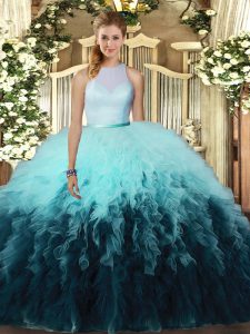 Modest Multi-color Quinceanera Gown Sweet 16 and Quinceanera with Ruffles High-neck Sleeveless Backless