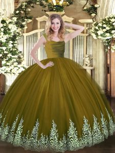 Sleeveless Tulle Floor Length Zipper Quinceanera Gown in Olive Green with Beading and Appliques
