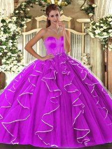 Charming Fuchsia Organza Lace Up Sweet 16 Dress Sleeveless Floor Length Beading and Ruffles