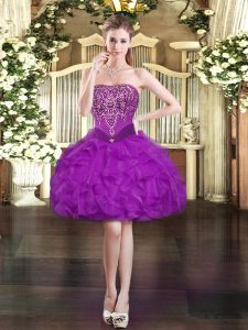High Quality Purple Ball Gowns Organza Strapless Sleeveless Beading and Ruffles Mini Length Lace Up Evening Dress