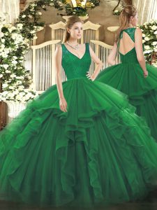 Floor Length Dark Green Quinceanera Dress V-neck Sleeveless Backless