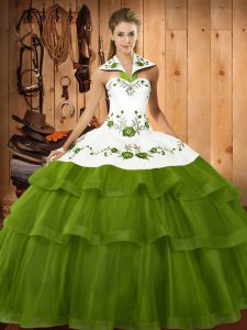 Olive Green Organza Lace Up Halter Top Sleeveless Quinceanera Gown Sweep Train Embroidery and Ruffled Layers