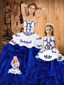 Fantastic Sleeveless Organza Floor Length Lace Up Sweet 16 Dress in Blue with Embroidery and Ruffles