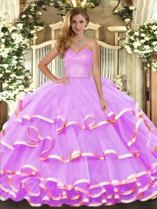 Unique Floor Length Lilac Quinceanera Gown Organza Sleeveless Ruffled Layers