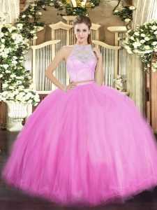 Eye-catching Floor Length Rose Pink Quinceanera Gown Tulle Sleeveless Lace